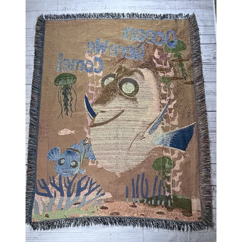 Disney Pixar Finding Nemo Dory Woven Tapestry Throw Blanket Fringed 50x60 USA